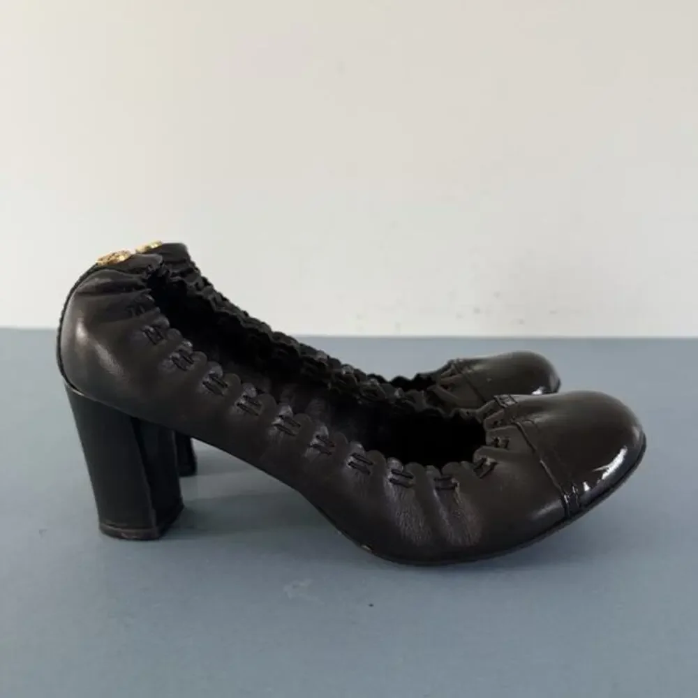 Tory Burch Abbey 2‎ Mid Heel Black Leather Cap Toe Block Heel Pumps
